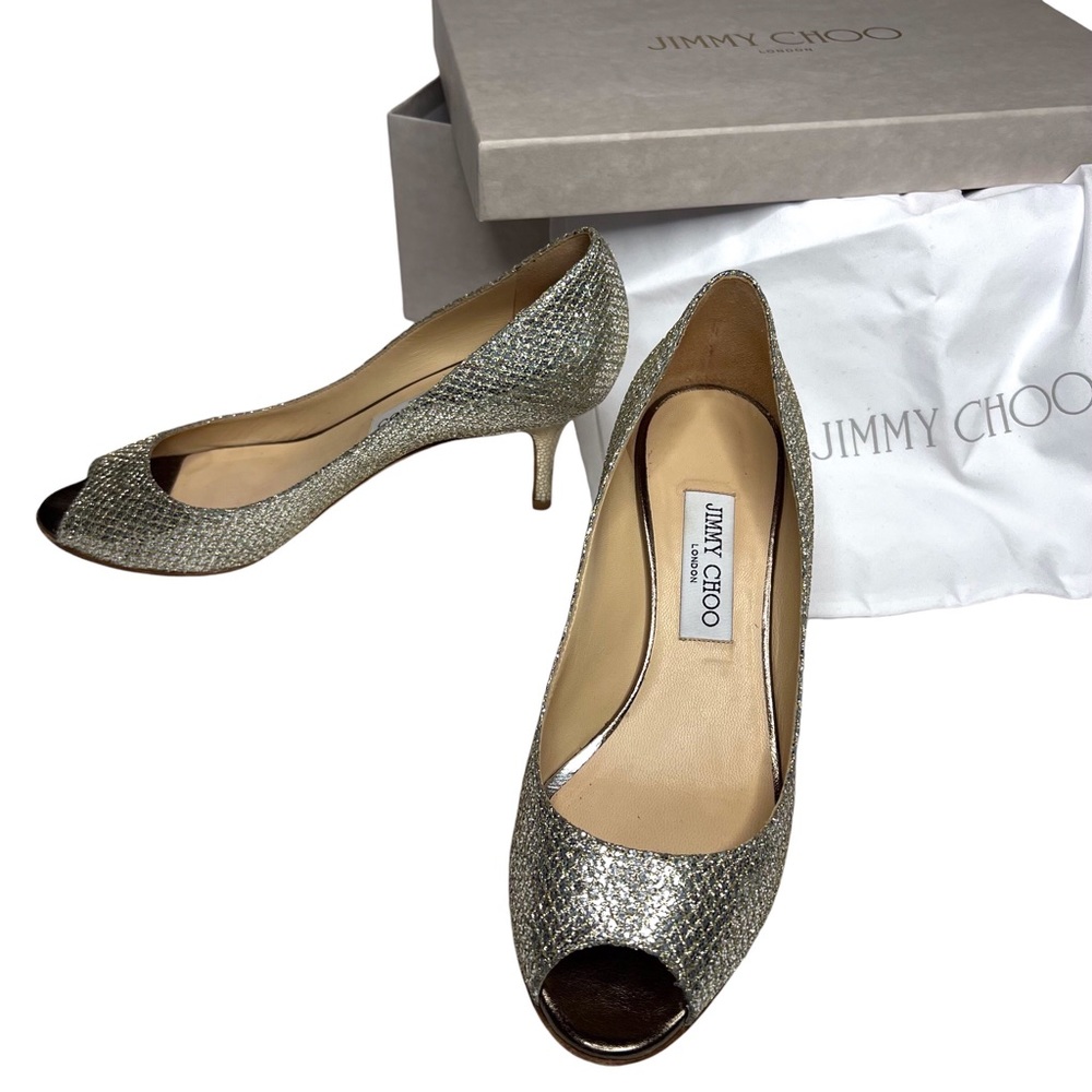 Jimmy Choo Isabel Champagne Glitter Fabric Peep Toe Heels Pumps Shoe Size 38.5